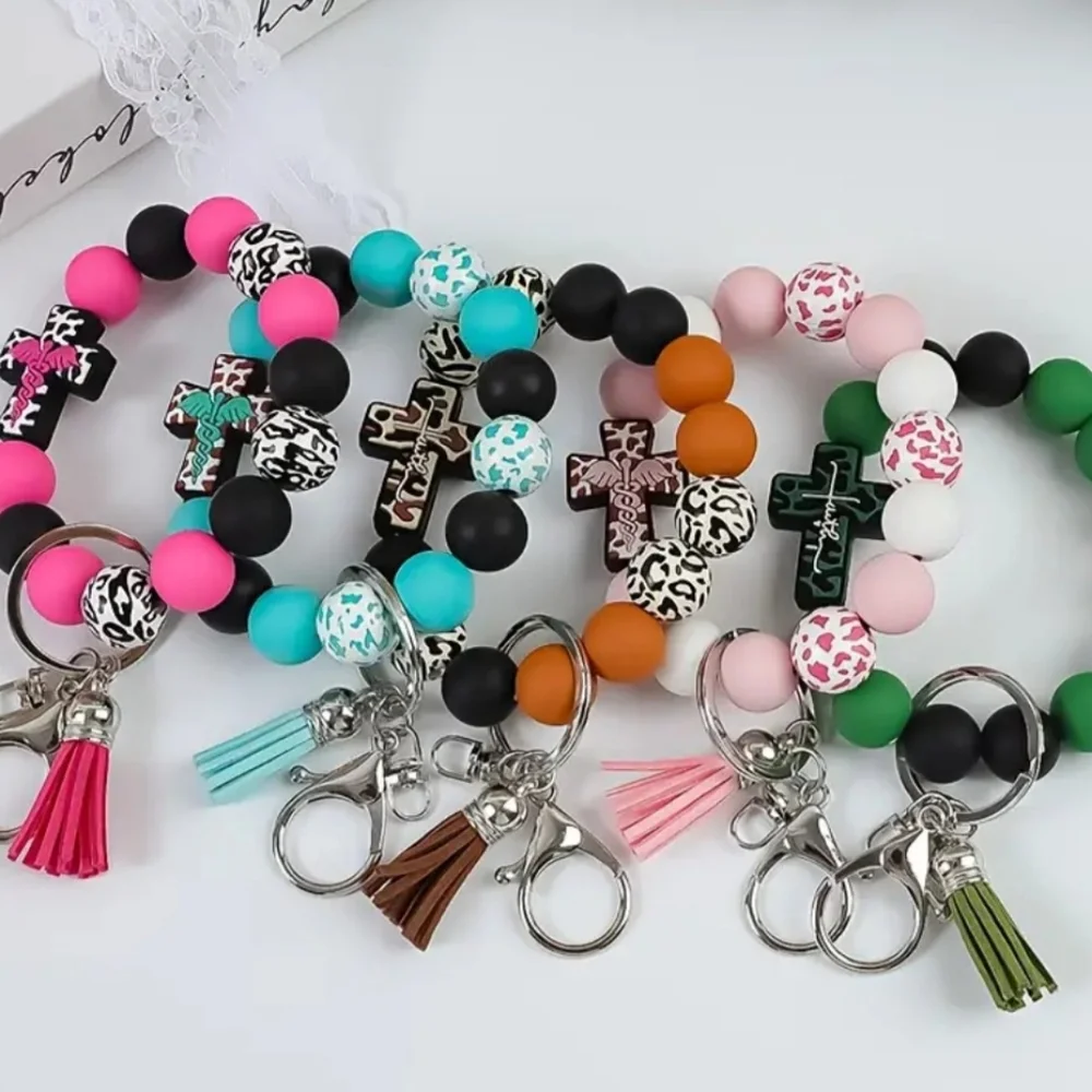 Orange Beaded Bag Charm/ Keychain Bracelet with Cross Charms